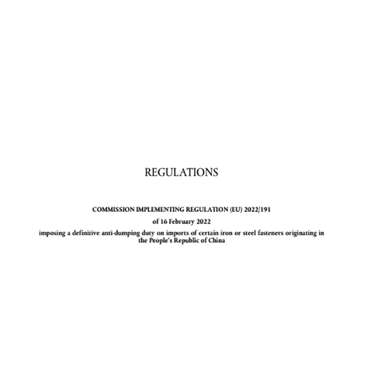 Anuncio sobre la determinación final de la investigación antidumping sobre elementos de fijación de la UE